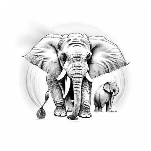 Elephant with a human holding it's trunk tattoo design idea
