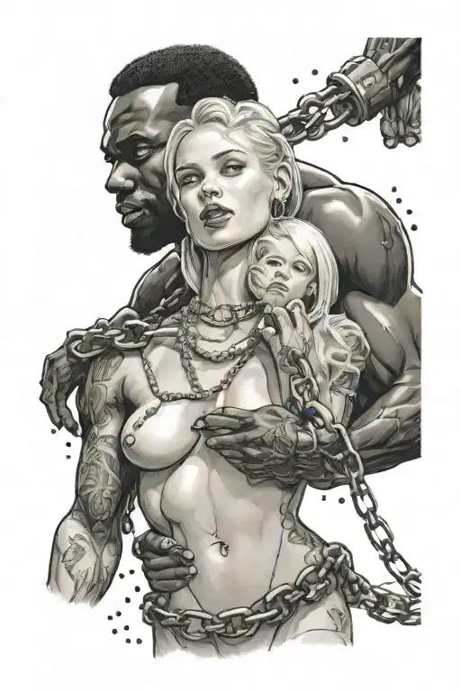 nude slim excited young blonde european girl wearing chains and leashed by muscular african man tattoo design idea