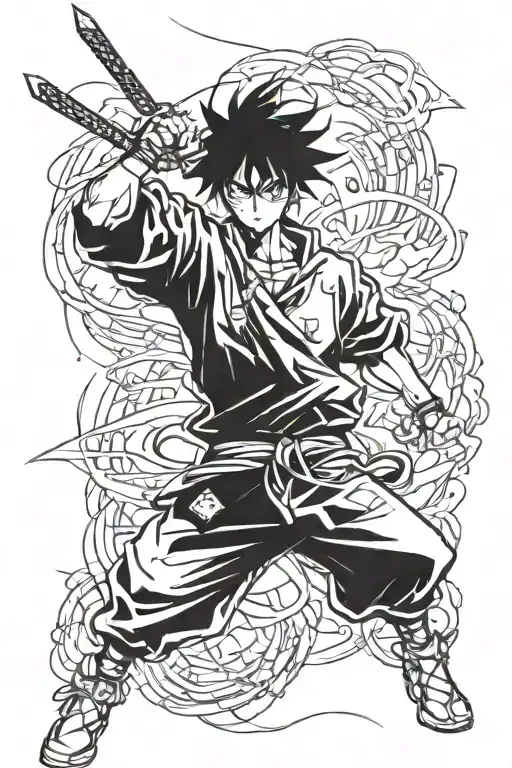 A sketch-style portrait of a famous anime character in a dynamic pose tattoo design idea