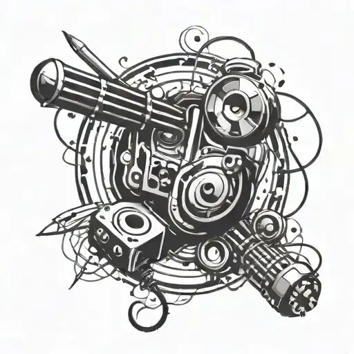A tattoo design featuring a musical staff intertwined with drawing pencils and gaming controllers tattoo design idea