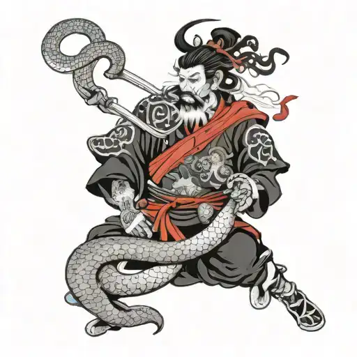samurai and snake black and white modern style tattoo design idea