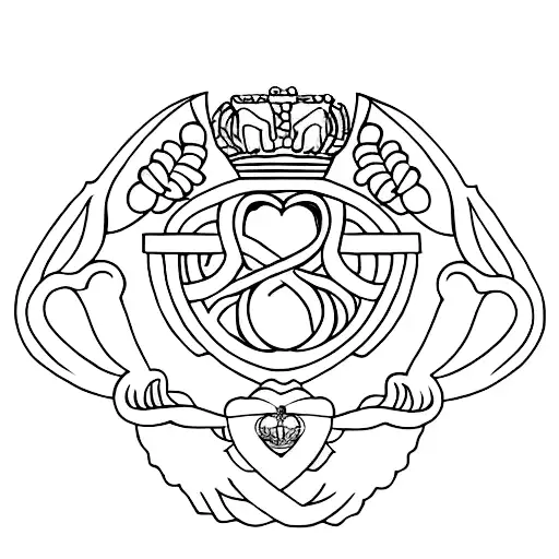 A minimalist tattoo of a Claddagh symbol with the names of your wife and children, symbolizing your commitment and love for your family and Irish roots. tattoo design idea