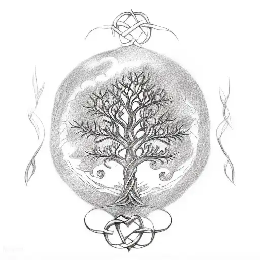 A sketch-style tattoo of a Celtic tree of life with Kerrie, James, and Evie's initials carved into the trunk tattoo design idea