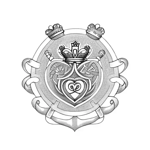 A blackwork tattoo of a traditional Irish Claddagh symbol with Kerrie, James, and Evie's birthstones incorporated into the design tattoo design idea