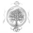 A sketch-style tattoo of a Celtic tree of life with Kerrie, James, and Evie's initials carved into the trunk tattoo design idea