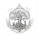 A sketch-style tattoo of a Celtic tree of life with Kerrie, James, and Evie's initials carved into the trunk tattoo design idea