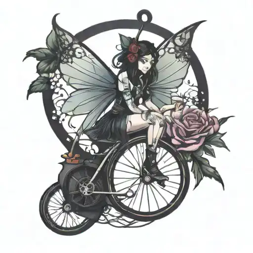 dark fairy sitting on a unicycle surrounded tattoo design idea