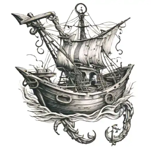 anchor holding sunken ship from moving on bottom of ocean floor tattoo design idea