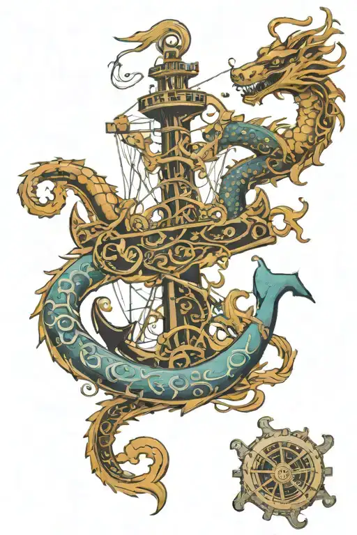 anchor holding sunken ship from moving on bottom of ocean floor with reefs around and a chinese dragon flowing around  tattoo design idea
