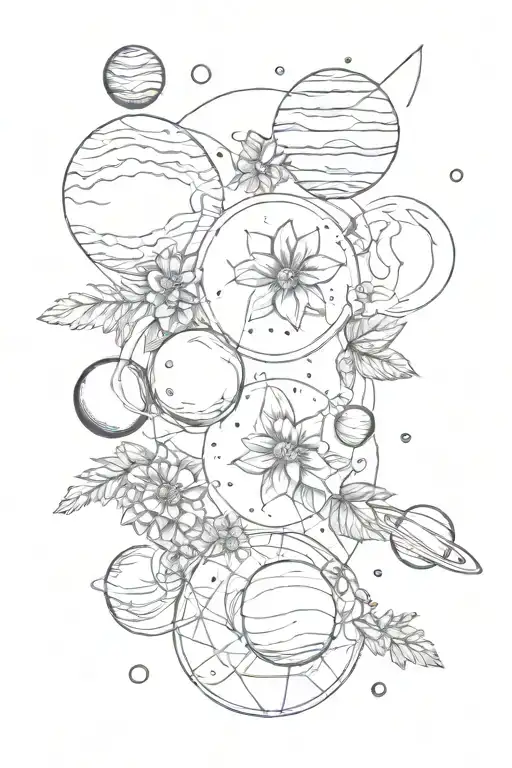 flowers and planets floating in space surrounded by math tattoo design idea