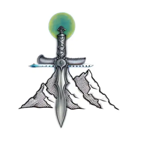 a sword on top of a mountain, B in the center of the sword, shade the mountains tattoo design idea