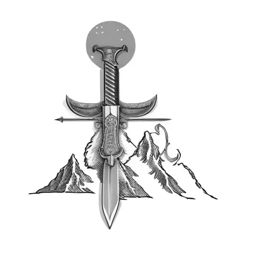 a sword on top of a mountain,  shade the mountains. green flash on handle, B sword hnad crest tattoo design idea