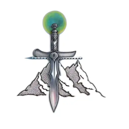 , a symetrical sword on top of a mountain,  sides of the mountains are shaded, remove green flash tattoo design idea
