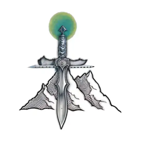 , a symetrical sword on top of a mountain, B in the handle of the sword,  sides of the mountains are shaded, no green fl tattoo design idea