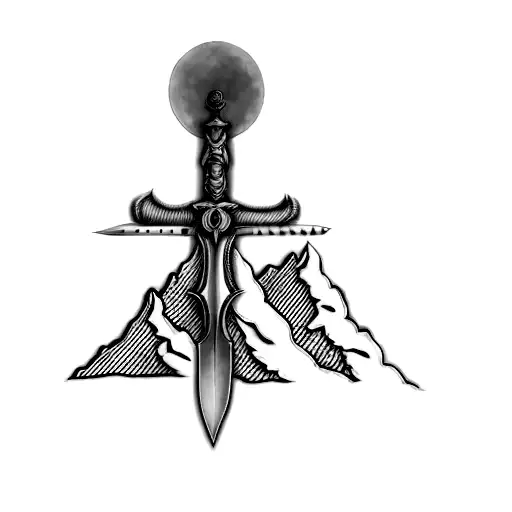 a symetrical sword on top of a mountain, B in the handle of the sword,  sides of the mountains are shaded tattoo design idea