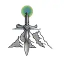 a sword on top of a mountain, B in the center of the sword, shade the mountains tattoo design idea