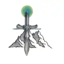 a sword on top of a mountain, B in the center of the sword, shade the mountains tattoo design idea