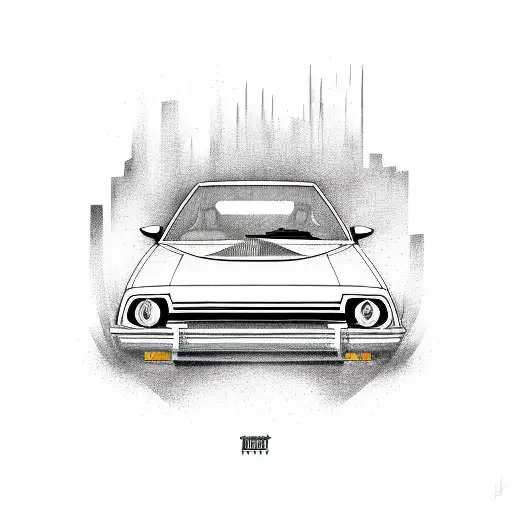 A sketch-style illustration of a Ford Pinto surrounded by iconic car parts tattoo design idea