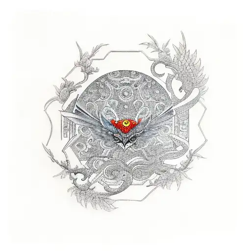 Fenix bird, red ink, tattoo design idea