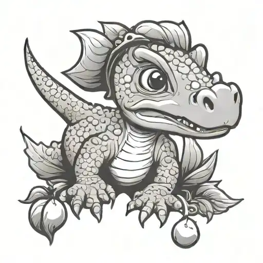 cute baby dino with pear holding tattoo design idea