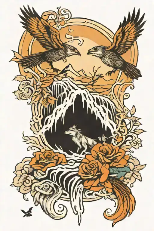 waterfall with flying birds and in the center two intertwined figures of 2 wolves tattoo design idea