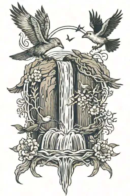 waterfall with flying birds and in the center two intertwined figures of wolves tattoo design idea