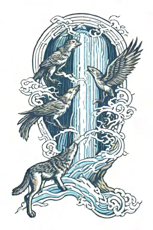 waterfall with flying birds and in the center two intertwined figures of 2 wolves tattoo design idea