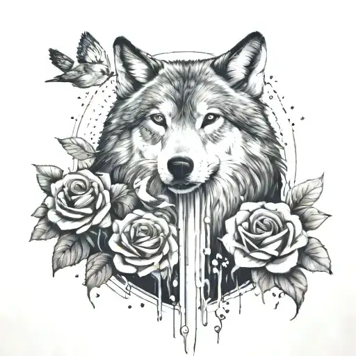 waterfall with birds flying towards a rose and in the center a wolf with her baby tattoo design idea