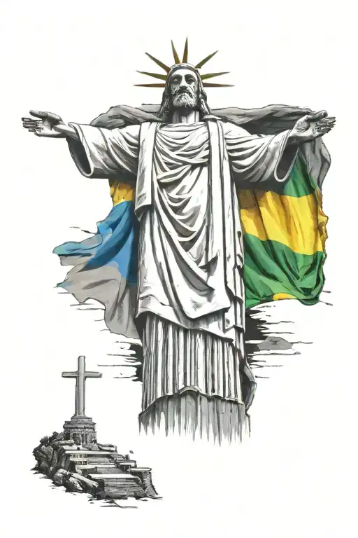 Black and gray Christ the redeemer statue with colorful Brazilian flag in background tattoo design idea