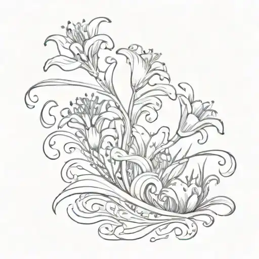 Waves, sea lilies, flowers, sea, smooth lines tattoo design idea