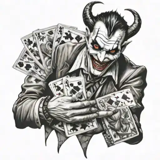 devil with joker face and cards in his hand holding tattoo design idea