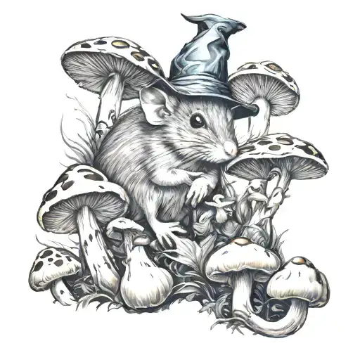 a wizard mouse surrounded by mushrooms  tattoo design idea