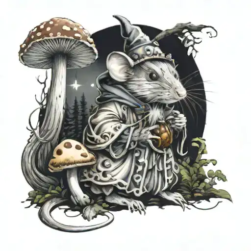 an anthropomorphic wizard mouse in robes surrounded by mushrooms in a dark forest background  tattoo design idea
