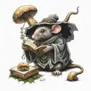 an anthropomorphic wizard mouse in robes surrounded by mushrooms in a dark forest holding a magic tome tattoo design idea