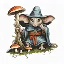 an anthropomorphic wizard mouse in robes surrounded by mushrooms in a dark forest holding a magic tome tattoo design idea