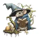 an anthropomorphic wizard mouse in robes surrounded by mushrooms in a dark forest holding a magic tome tattoo design idea