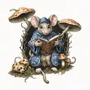 an anthropomorphic wizard mouse in robes surrounded by mushrooms in a dark forest holding a magic tome tattoo design idea
