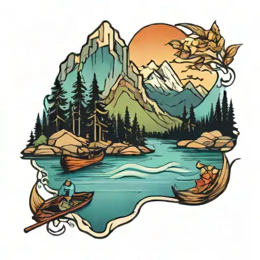 mountain lake and canoe  tattoo design idea