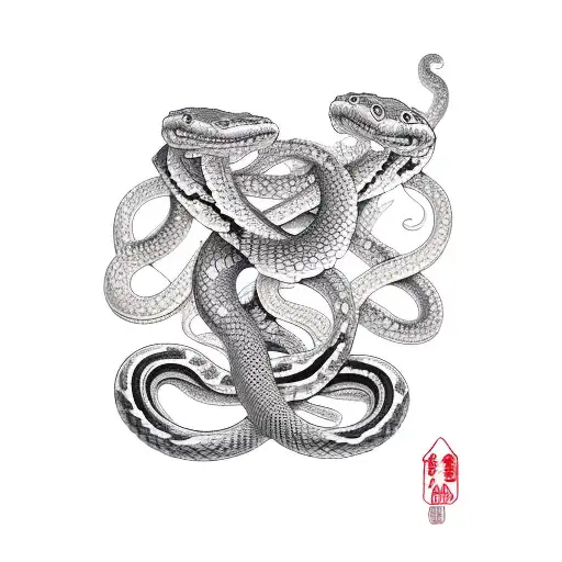 two snakes, intertwined, upright, tail to head, thigh peice, japanese traditional style tattoo design idea