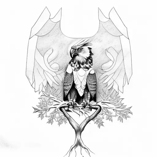 A majestic harpy eagle perched on a tree branch in a moonlit forest tattoo design idea