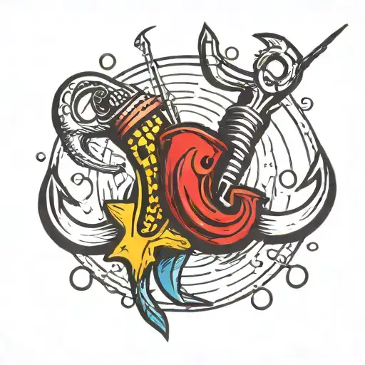 two fishing hooks crossing tattoo design idea