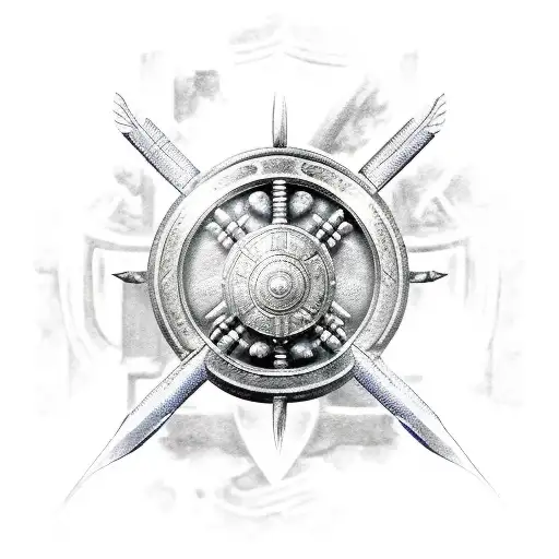 A realistic depiction of a cyborg spartan warrior holding a sword and shield with XXVII.VIII. on it tattoo design idea