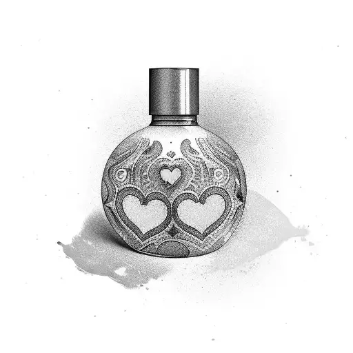 A vibrant nail polish bottle surrounded by floating hearts tattoo design idea