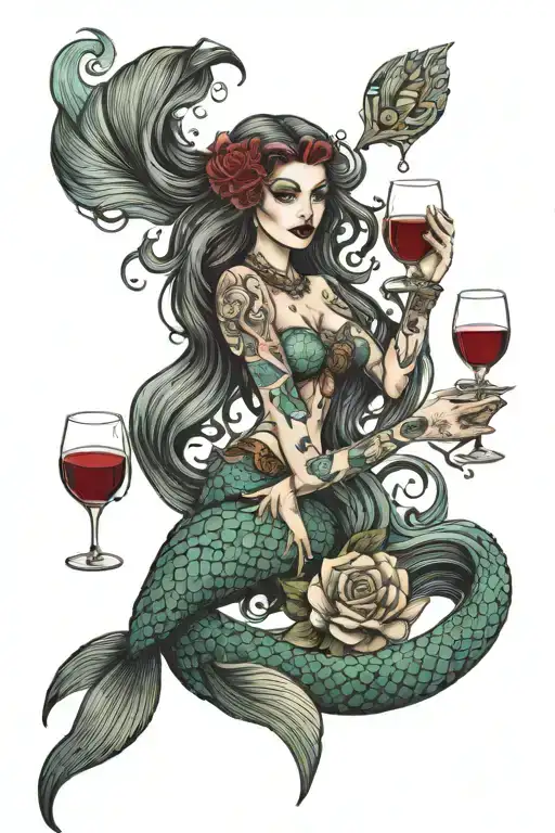 Mermaid holding wine glass filled tattoo design idea