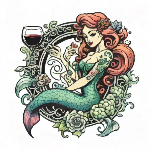 ariel Mermaid holding wine glass surrounded tattoo design idea
