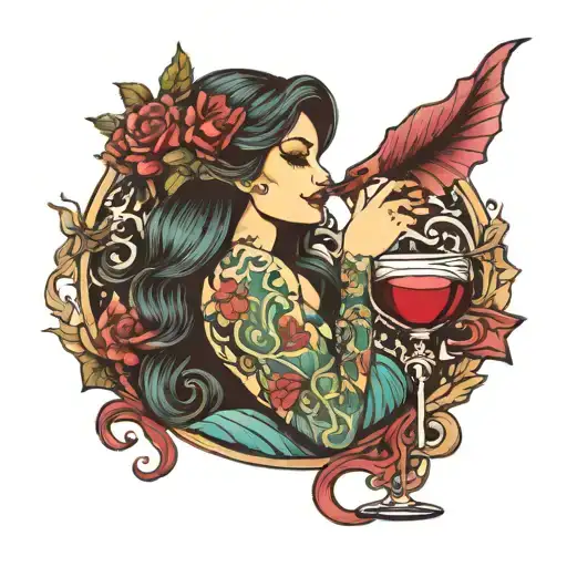 Mermaid holding wine glass filled tattoo design idea