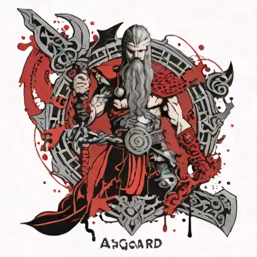 The gods of Asgard with modern weapons on the background of yggdrasil, an epic incarnation tattoo design idea