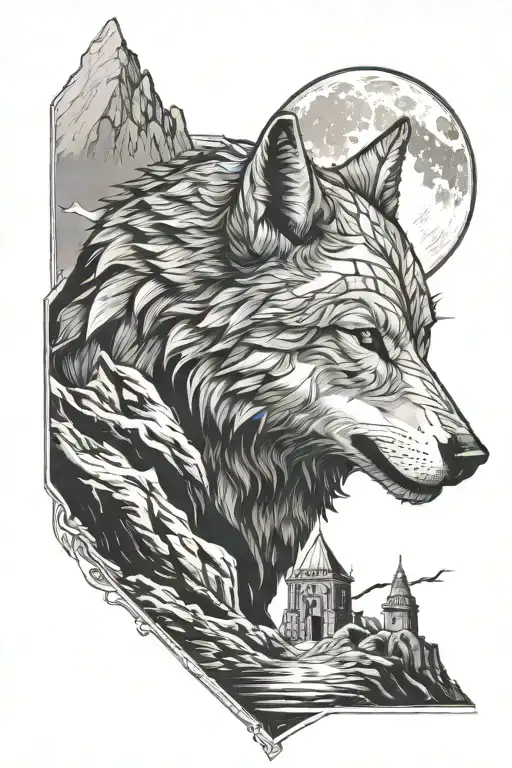 assasins creed, wolf, moon, mountains tattoo design idea