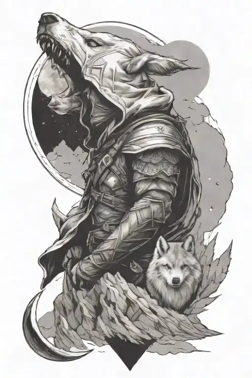 assassin's creed, wolf, mountains, moon tattoo design idea