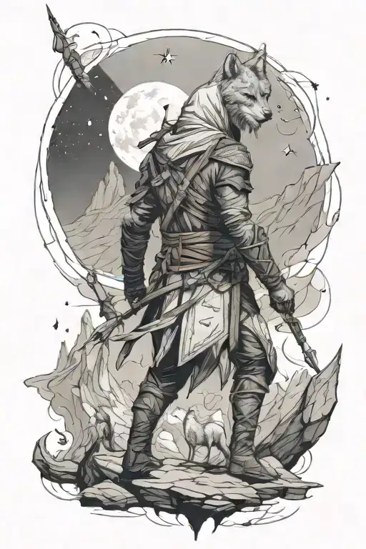 assassin's creed, wolf, mountains, moon tattoo design idea